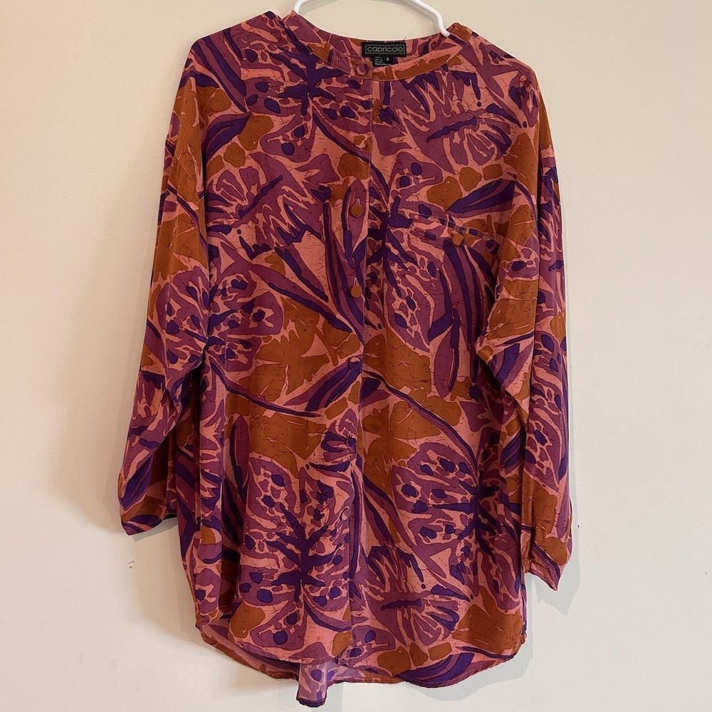 Vtg 100% Silk Floral Blouse Sz 6 Colorful Artsy Lightweight Button Up Capriccio